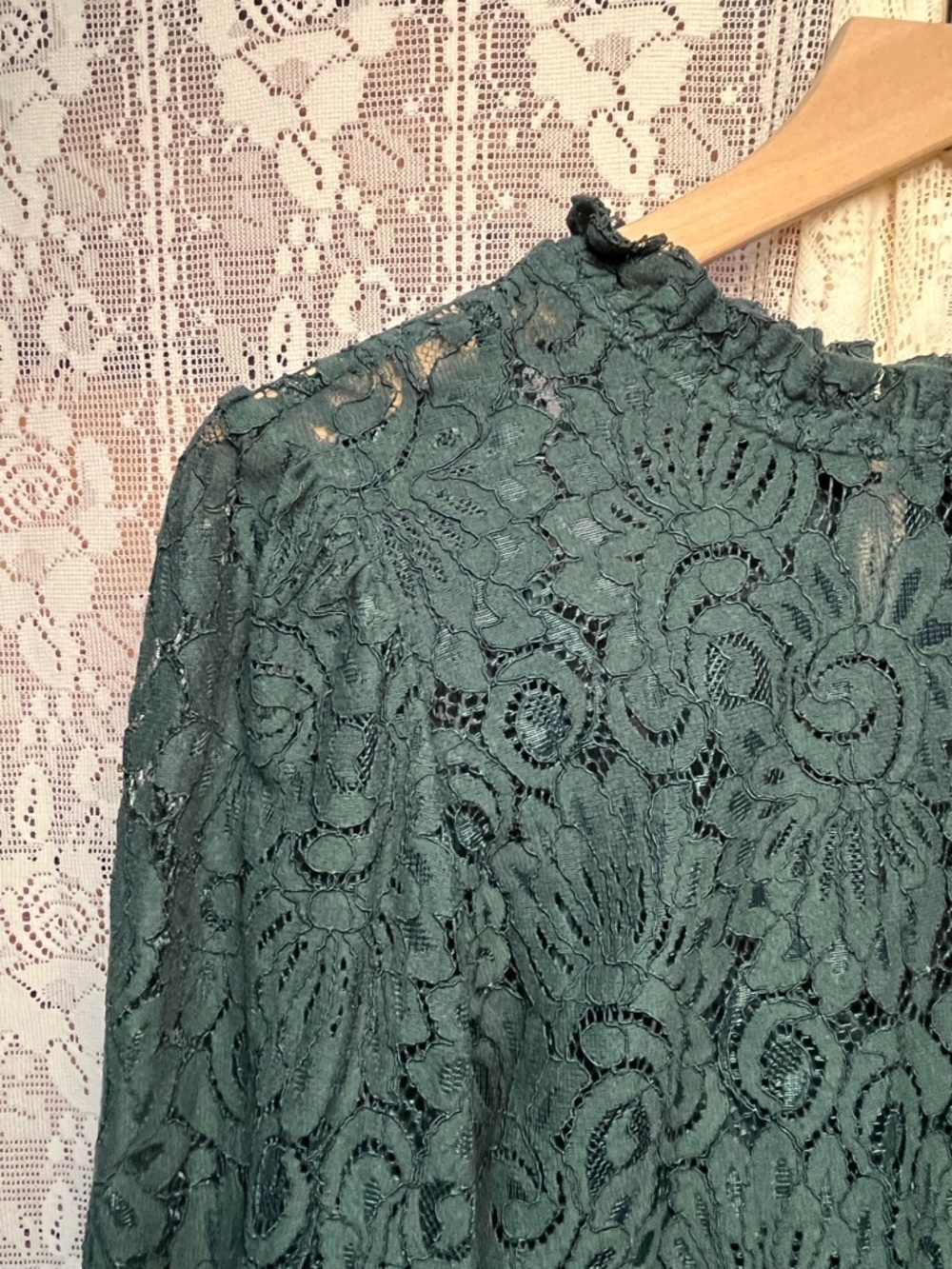 Adiva Dark Green Lace Ruffle-Neck Blouse (237) - Picture 4 of 9